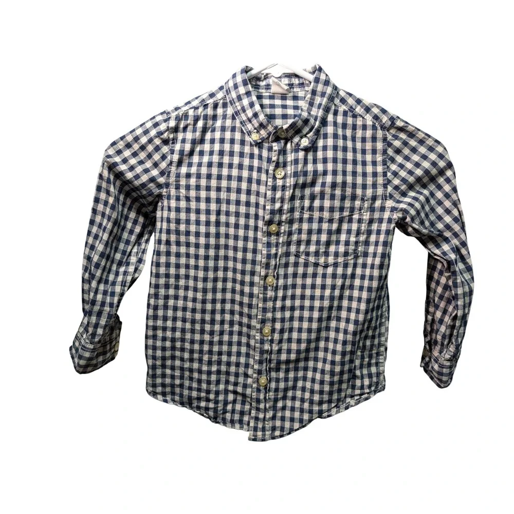 baby GAP Button Down Shirt Toddler 5T Navy White Excellent Gingham Long Sleeve